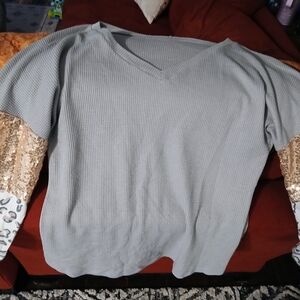 Not Rated Gray V-Neck Sweatshirt with Gold Sequin Sleeves